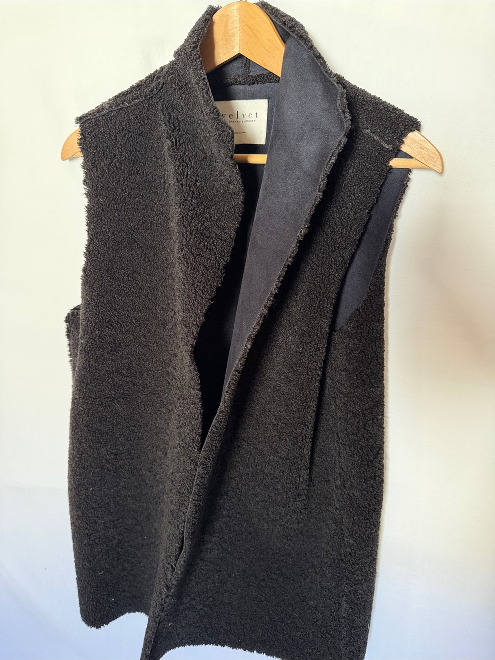 Velvet Black Sherpa Vest with Open Front
